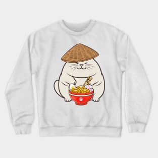 Funny fat cat is eating noodles Crewneck Sweatshirt